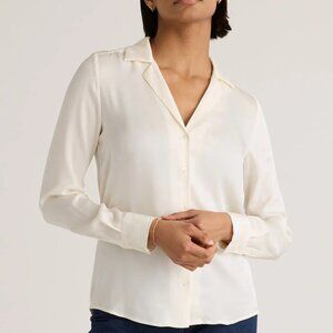Quince Washable Stretch Silk Notch Collar Blouse - Ivory - Size L